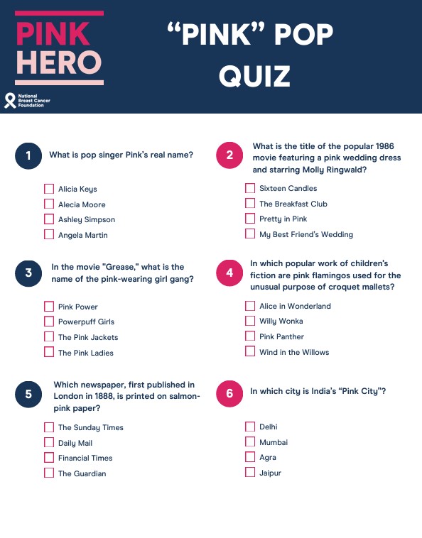DIY Pink Pop Quiz - Question Sheet