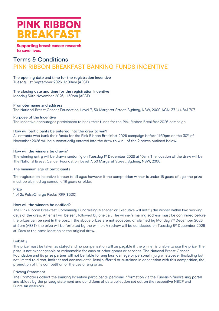 T&Cs PulseCharge - Pink Ribbon Breakfast 2026