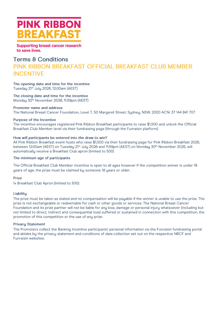 T&Cs Apron - Pink Ribbon Breakfast 2026