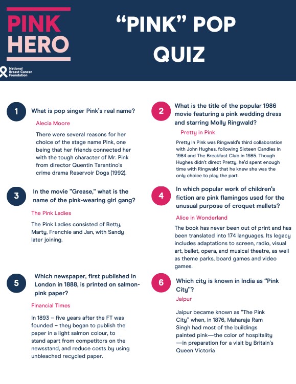 DIY Pink Pop Quiz - Answer Sheet